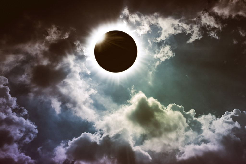 Amazing Scientific Natural Phenomenon. Total Solar Eclipse Glowing On Sky.
