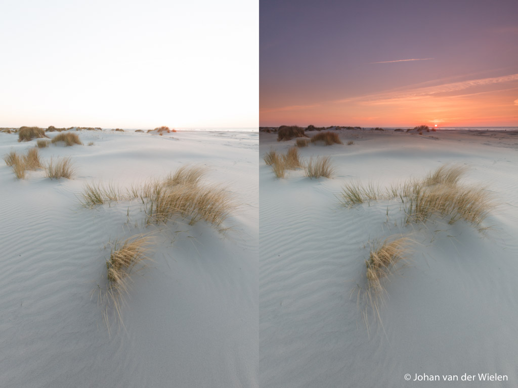 Links de belichting voor de voorgrond, rechts dezelfde foto maar nu met een 3 stops grijsverloop filter voor ook de belichting van de lucht