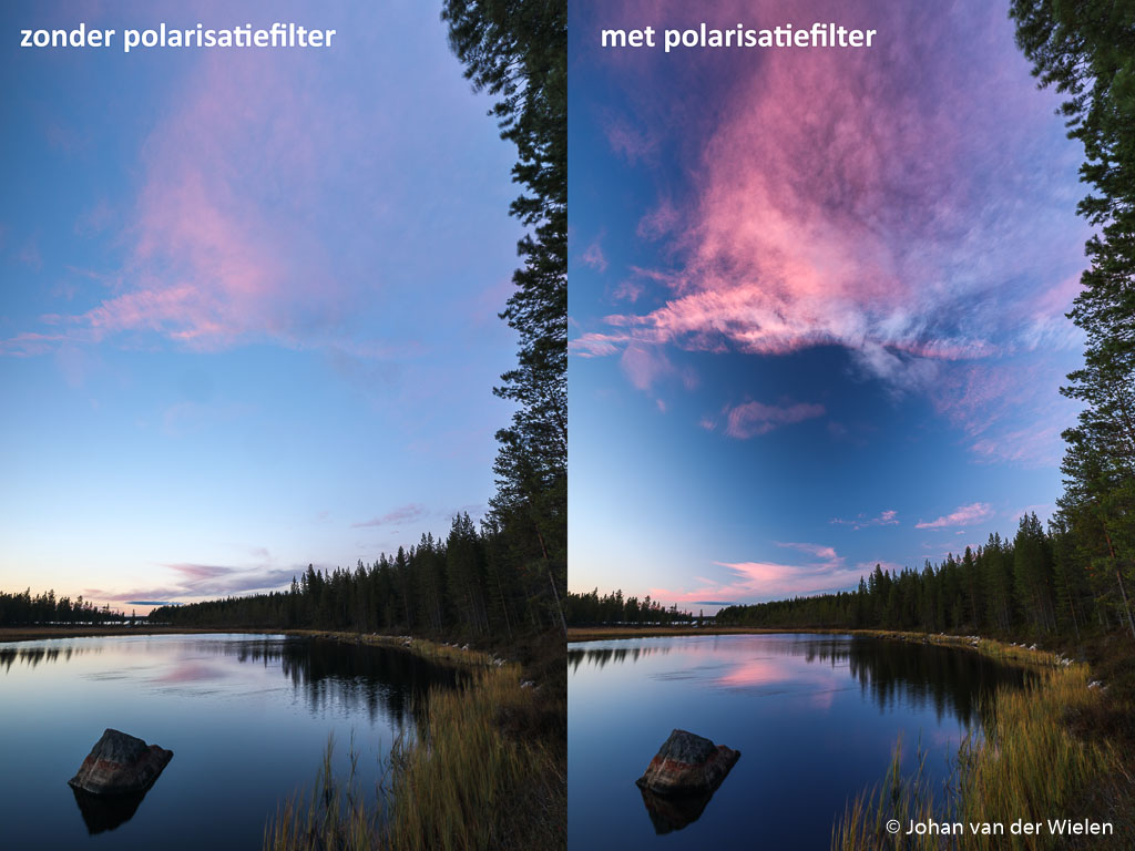 Effect polarisatiefilter op de lucht, links zonder en rechts met.