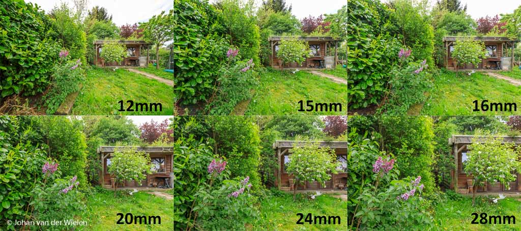 Op 12mm lijk ik een tuin van wel 50m diep te hebben terwijl de afstand tussen bloeiende sering en blokhut in werkelijkheid maar een meter of 4 is.