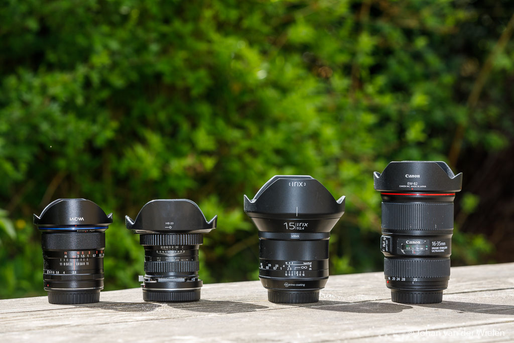 Van klein naar groot of juist van groot(hoek) naar klein(hoek): de Laowa 12mm f/2.8, Laowa 15mm macro f/4, Irix 15mm f/2.4 blackstone en de Canon 16-35 f/4L IS USM.