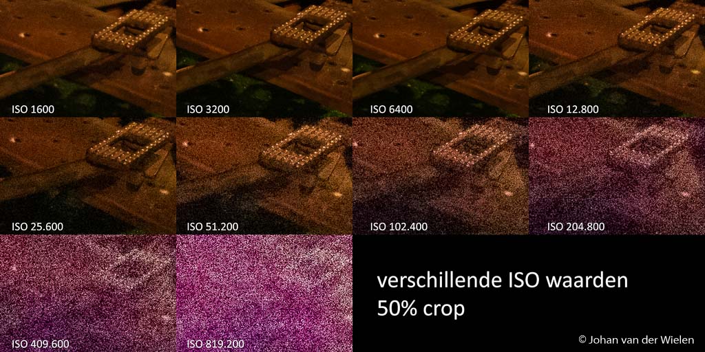 50% crops uit dezelfde beelden om de ruisontwikkeling te laten zien