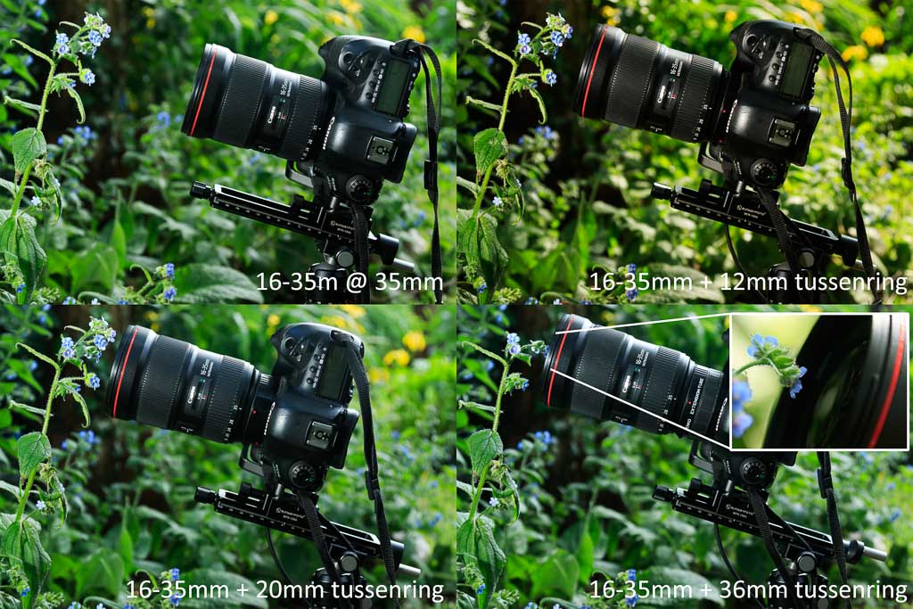 16-35 lens met verschillende combinaties van tussenringen.