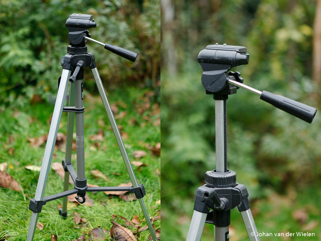 zwak wiebel statief, bedoeld voor hele kleine camera’s, met uitschuif middenpoot, maakt hem nog wiebeliger!